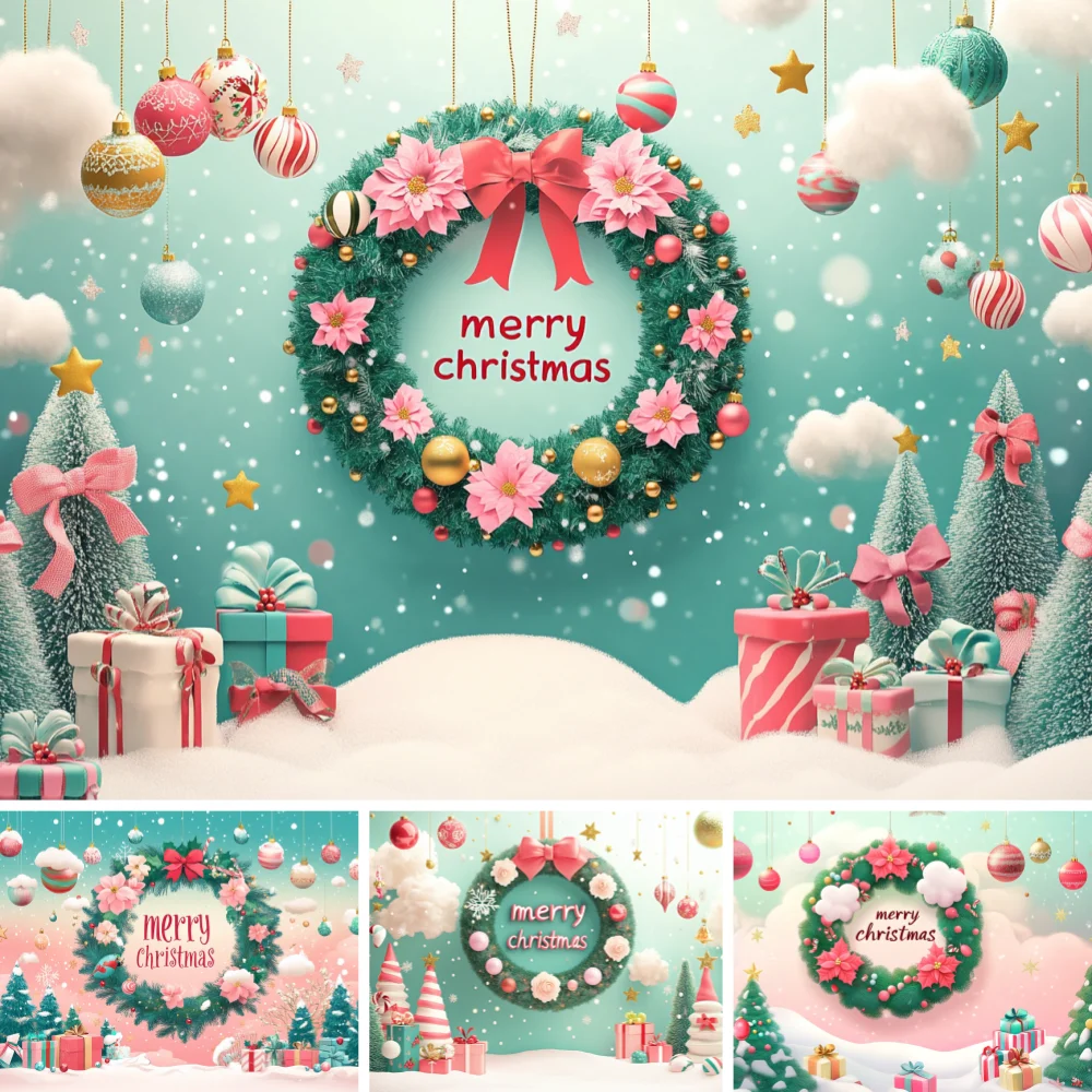 Christmas Wreath Backdrop Floral Red Bow Candy Cane Lollipop Mini Pastel Tree Cloud Kids Holiday Portrait Shoot Background