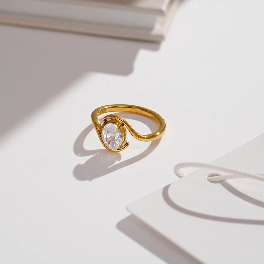 

ENFASHION Anillos Mujer Geometry Oval Zircon Ring For Women Stainless steel 18K Plated Gold Fashion Delicated Jewelry R254577