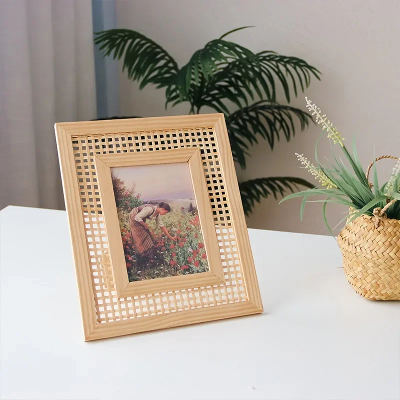 Nordic Solid Wood Rattan Woven Photo Frame Wall Hanging Creative Handmade Rattan Woven Desktop Decoration Photo Frame Ornaments
