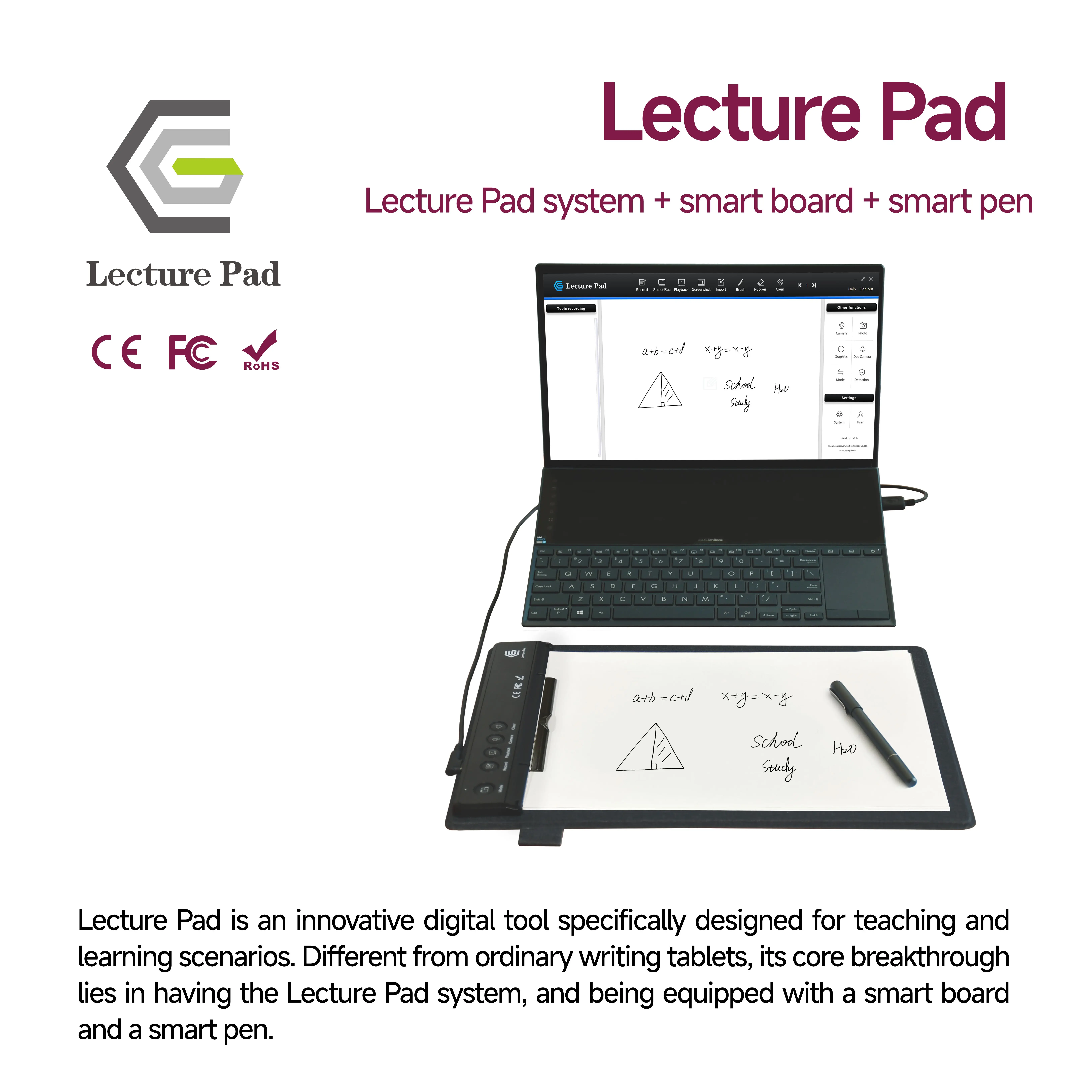 Graphics Tablet USB-C Interface A4 Writing Area Lecture Pad System Compatible for Writing Screen Sharing Recording Teaching