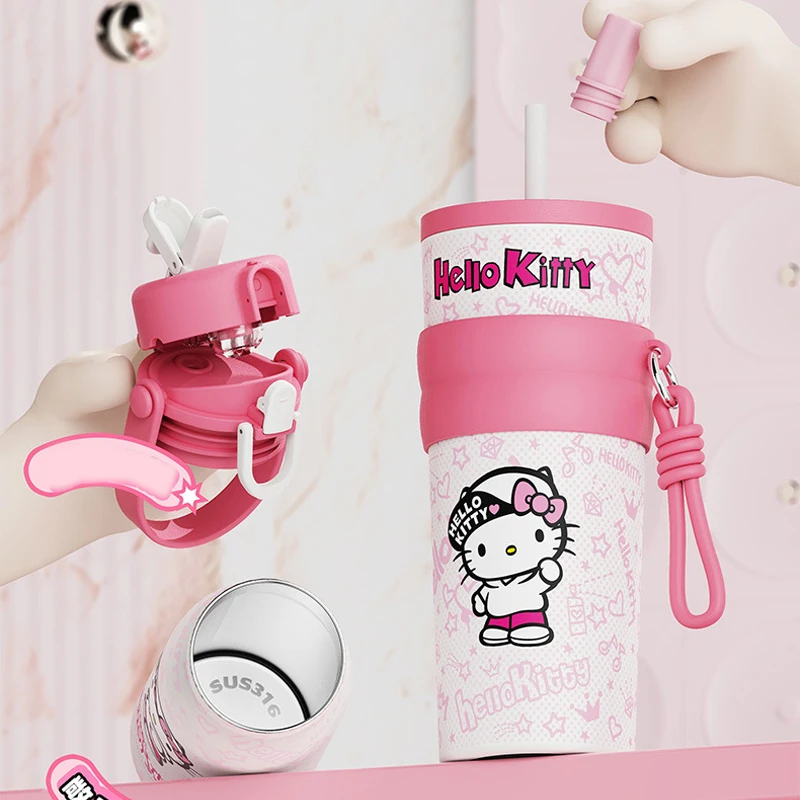 X&W Sanrio Hello Kitty Insulated Water Bottle Large Capacity Cute Stainless Steel Thermos Leakproof Travel Tumbler for Girls