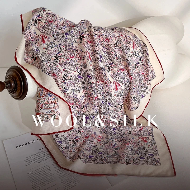 

30% Silk 70% Wool Winter Scarf Luxury Brand Silk Wool Square Neck Scarves Elegant Pink Paisley Printed Neck Warmer Accessories