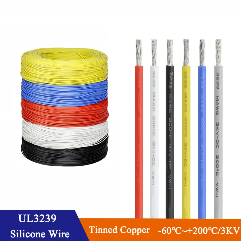 1/5m UL3239 Silicone Wire Tinned Copper 30 28 26 24 22 20 18 16 14 12 10 8 AWG 3KV DIY LED High Temperature Electronic Cable