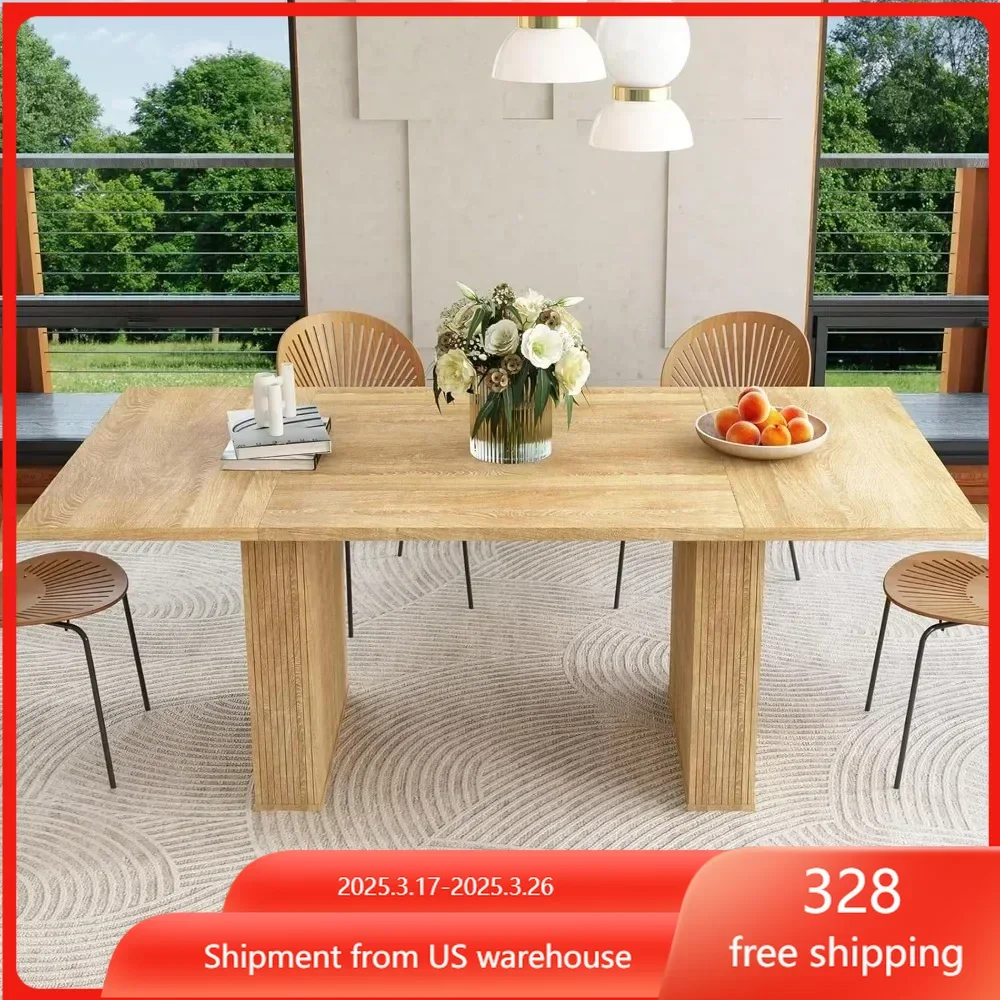 78 Inch Dining Table for 6 8 10, Modern Farmhouse Rectangular Kitchen Table, Long Dining Room Tables with Wood Strip Base