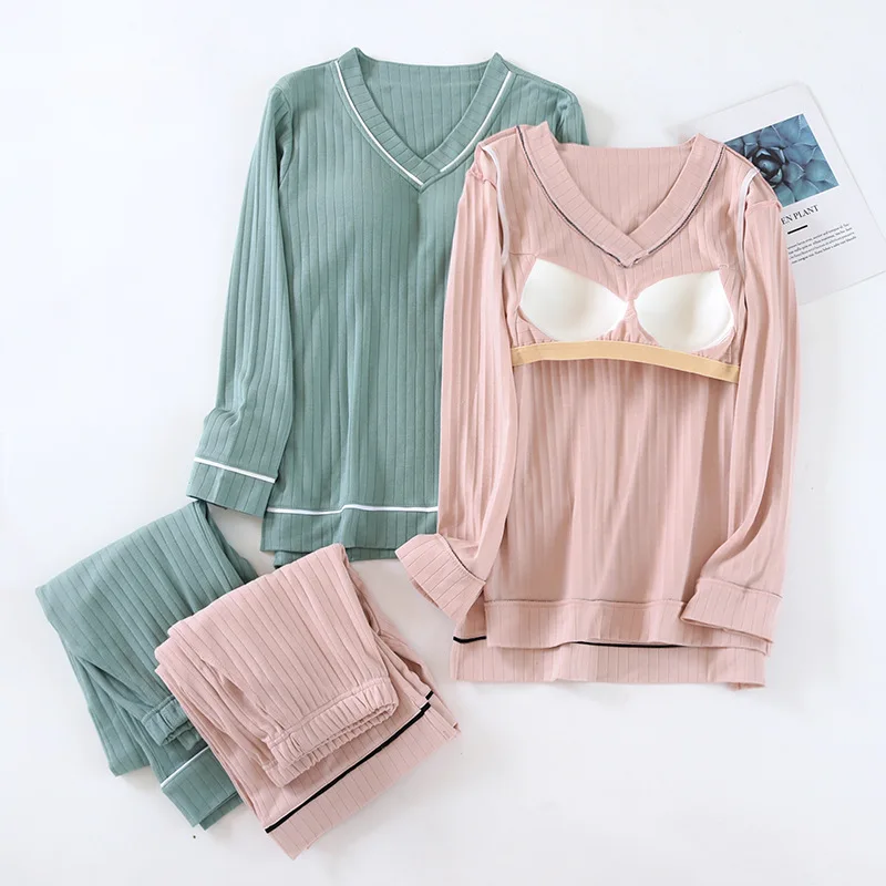 Fdfklak With Chest Cup Pajamas Sleepwear Autumn Winter Long Sleeve Homewear Female Suit Pure Cotton Women Pyjamas Sets