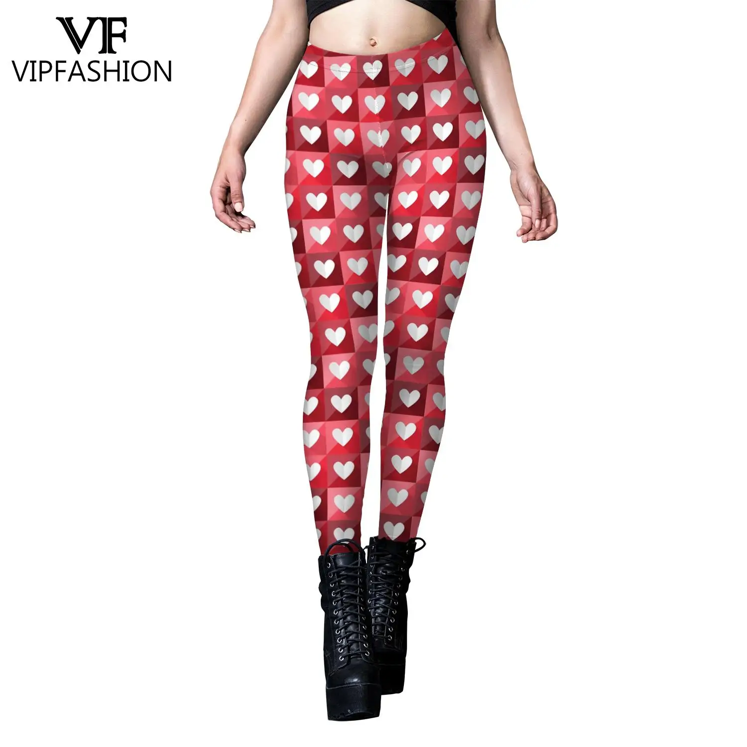 VIP FASHION Women Elasticity Leggings Valentines Day Love Heart Stripe Print Ladies Sport High Waist Workout Pant Female Leggins