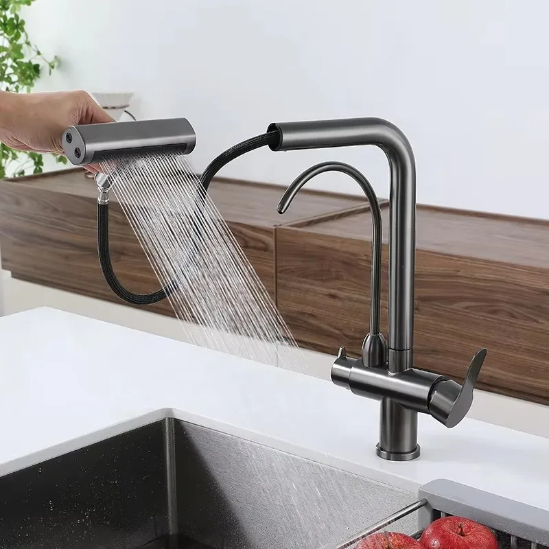Waterfall Faucet Multi-functional 4 Modes 360 Rotation Hot Cold Water Pull Out Kitchen Faucet Sprayer Sink Wash Tap