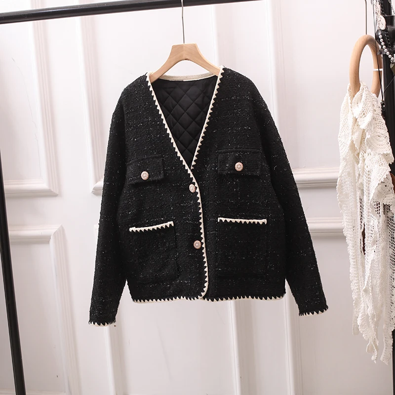 Autumn/Winter Fragrant Coat Women's V-Neck Coarse Floral Short Loose Jacket
