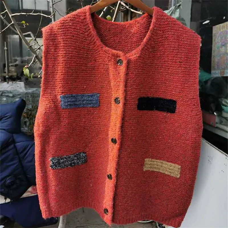 Vintage BlazerSweater Vest Women Fashion Casual Sleeveless Knitting Tops Loose Female National Style Splicing Waistcoat Autumn