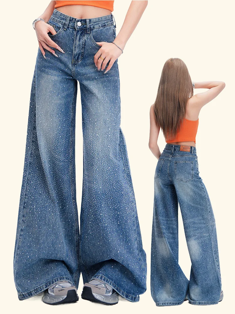 

Женские джинсы с высокой талией и широкими штанинами, декорированные стразами, свободные прямые брюки в пол, весна 2026