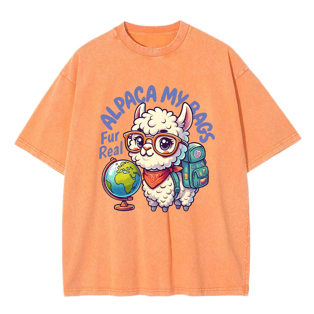 

Alpaca My Bags Cartoon Design Men Washed T-Shirt Casual Soft Short Sleeve All-Match Cotton Tee Shirt Oversize Crewneck Top