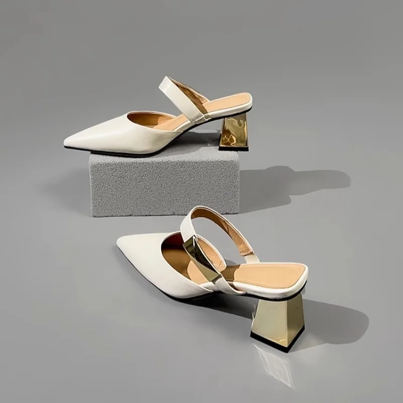 

Новый дизайн, модные полутапочки из натуральной кожи, женские сандалии, летняя верхняя одежда, женская обувь на высоком каблуке с острым носком