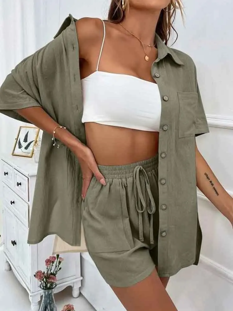 Summer Women\'s Suit Short Sets Outfits Two Pieces Solid Color Shirt Set Button Outfits Loose Fit Short Sleeve Female Clothing