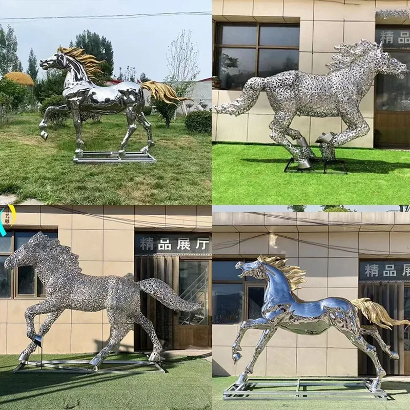 7.15-c13  Stainless steel horse sculpture outdoor creative landscape small floor ornament metal white steel animal decoration