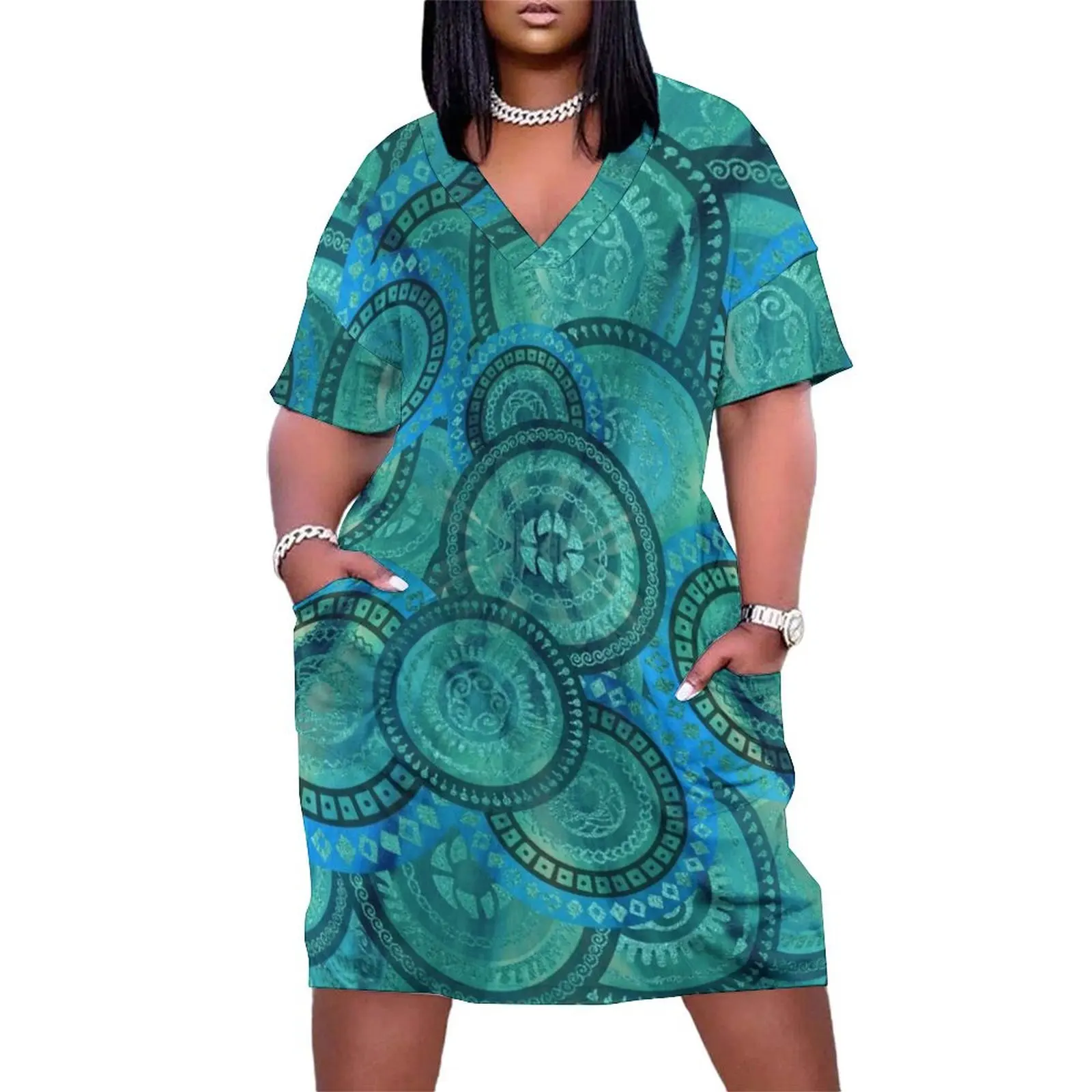 

Gentle Teal and blue Circular Tribal pattern Loose Pocket Dress Cocktail of dresses summer dress womens 2024 fairy dress