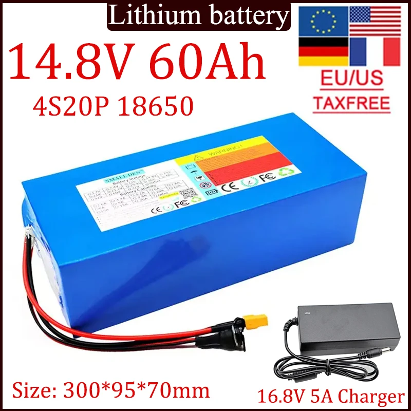 4S20P 18650 14.8V 60Ah Li-ion Battery with Built-in 30A BMS, Suitable for 12V/14.4V 0-450W Electronic Devices Using+5A Charger