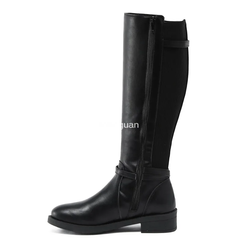 Bottes en cuir PU à talon épais pour femmes, chaussons longs, bottes hautes au genou pour dames, chaussures gothiques, mollet large, automne, hiver