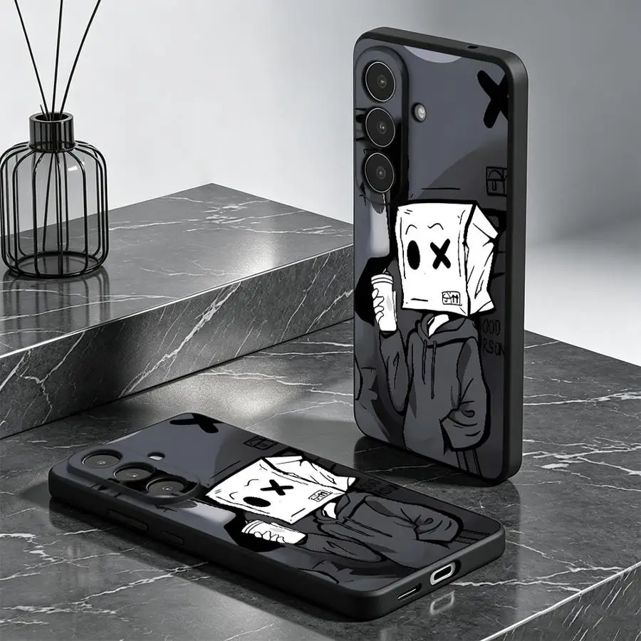 Black White Box Man Sketch Case for Samsung Galaxy A57 A15 A55 A73 A51 A53 A17 A05 A37 A06 A23 A52 A36 A25 A16 Phone Cover A70