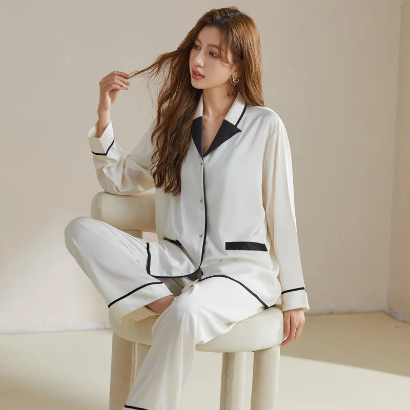 2024 Spring And Autumn Ice Silk Pajamas Women Smooth Thin Temperament Solid Color Two-piece Long-sleeved Home Wear Pyjamas Sets