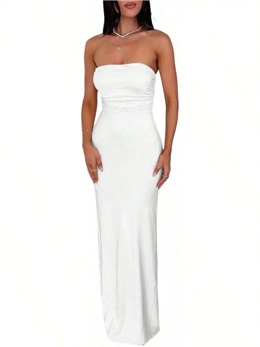 

Womens Solid Strapless Ruched Bodycon Maxi Dress For Party Club Dating
