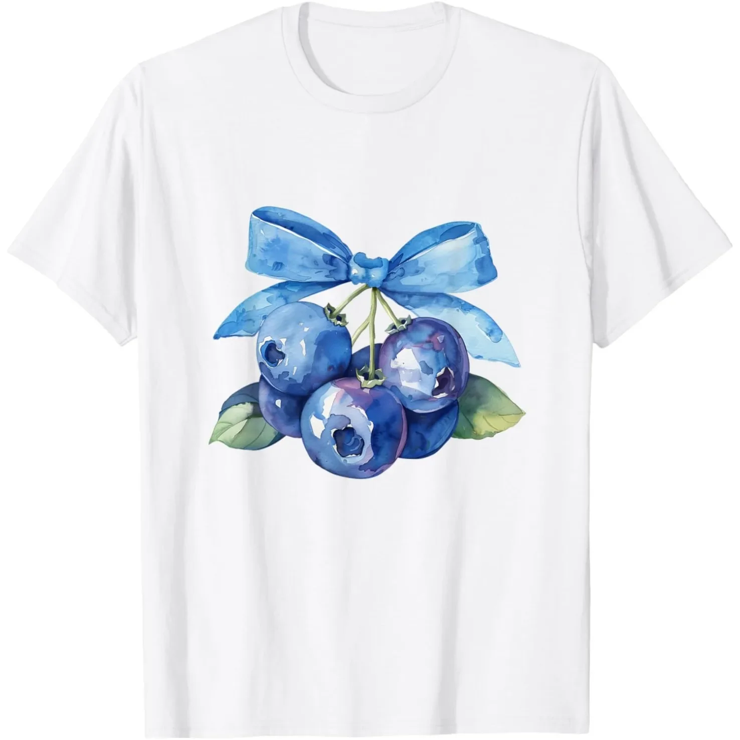 

Blueberry Bow Watercolor Graphic Tee Soft Cotton Unisex Loose T-Shirt Summer Fruit