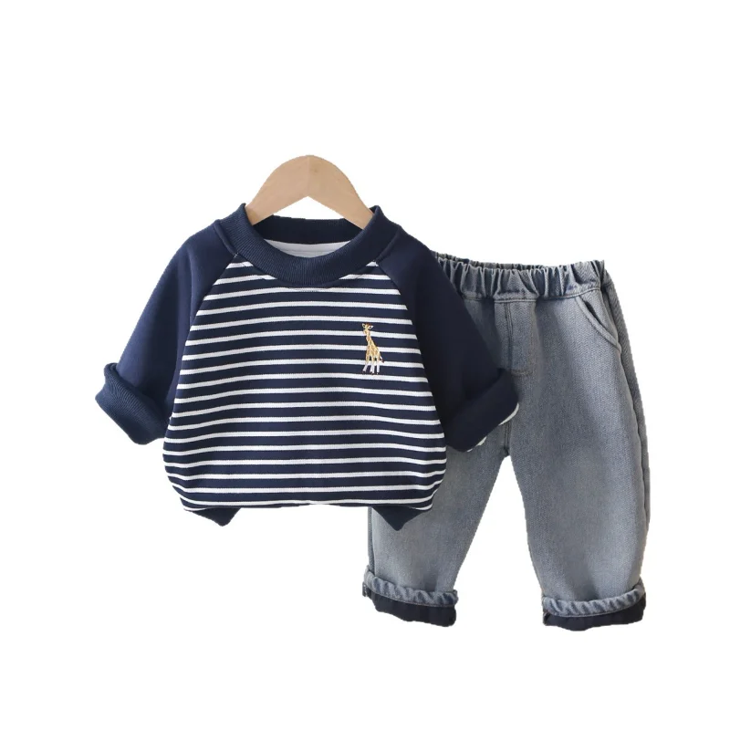 

New Autumn Winter Baby Clothes Suit Children Boys Thicken Warm T-Shirt Pants 2Pcs/Sets Infant Striped Costume Kids Tracksuits