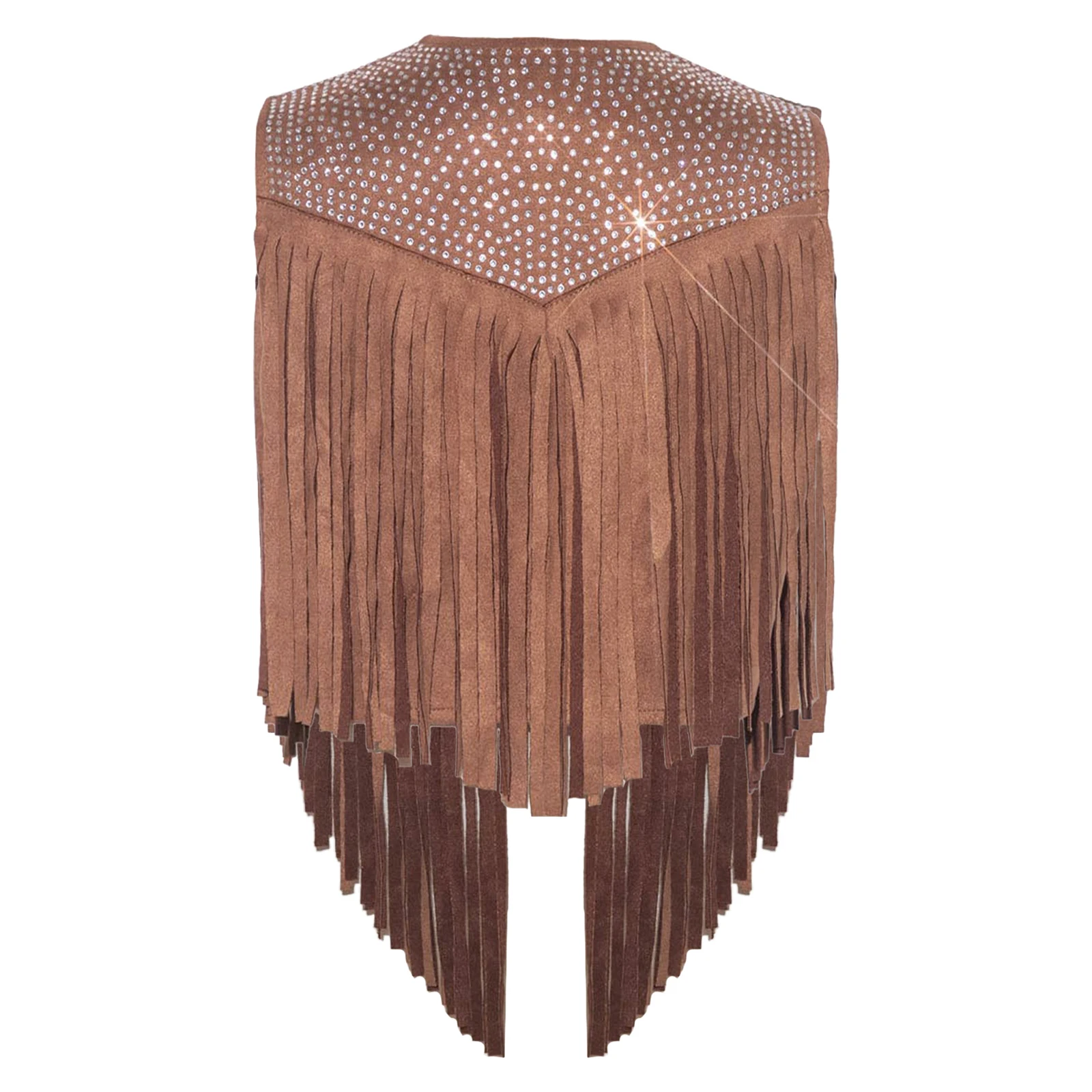 

Girls Suede Fringed Vest Jacket Halloween Western Cowboy Cowgirl Cosplay Costume Sparkly Rhinestones Tassel Open Front Waistcoat