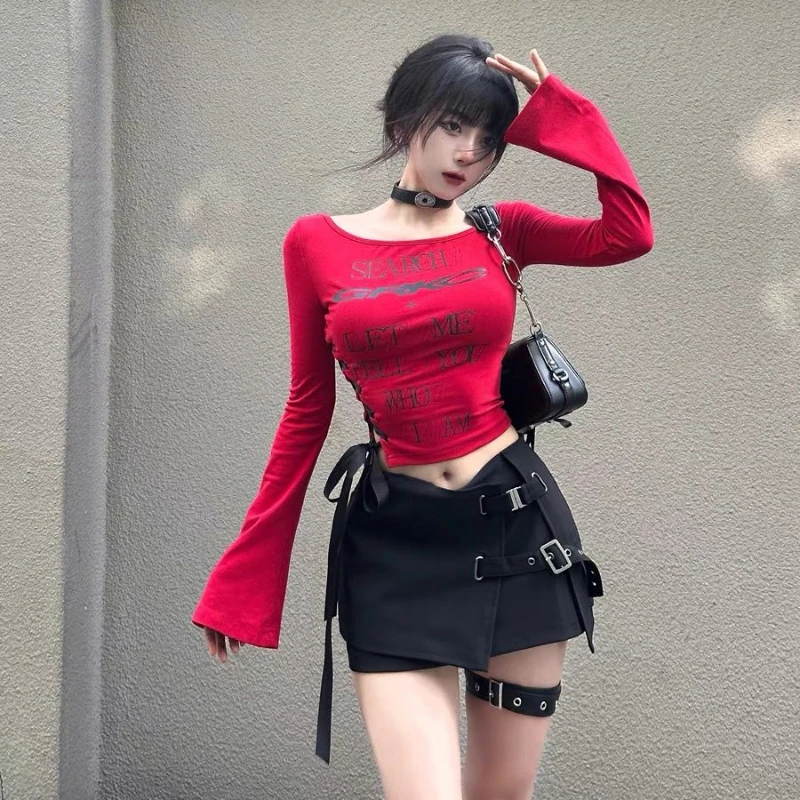 T-Shirts Women Oblique Shoulder Lace-up Design Slim Fit All-match Sweet Sexy Girls Korean Fashion Spring Autumn Crop Tops Casual