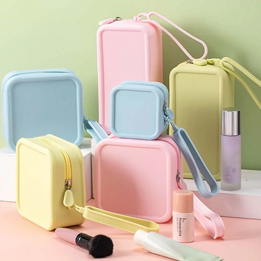 Morandi Color Silicone Cosmetic Bag Coin Purse Rectangle Multifunction Storage Bag Makeup Brush Holder Solid Color