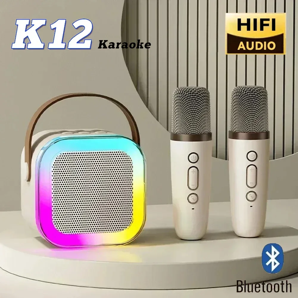 

K12 Portable Bluetooth Karaoke Machine 1-2 Wireless Microphones For Home Family Singing 5.3 PA Speaker System Children Gift