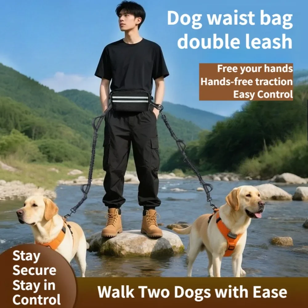 Double-headed elastic dog leash anti-pull no-hands restraint with portable waist bag for two dogs