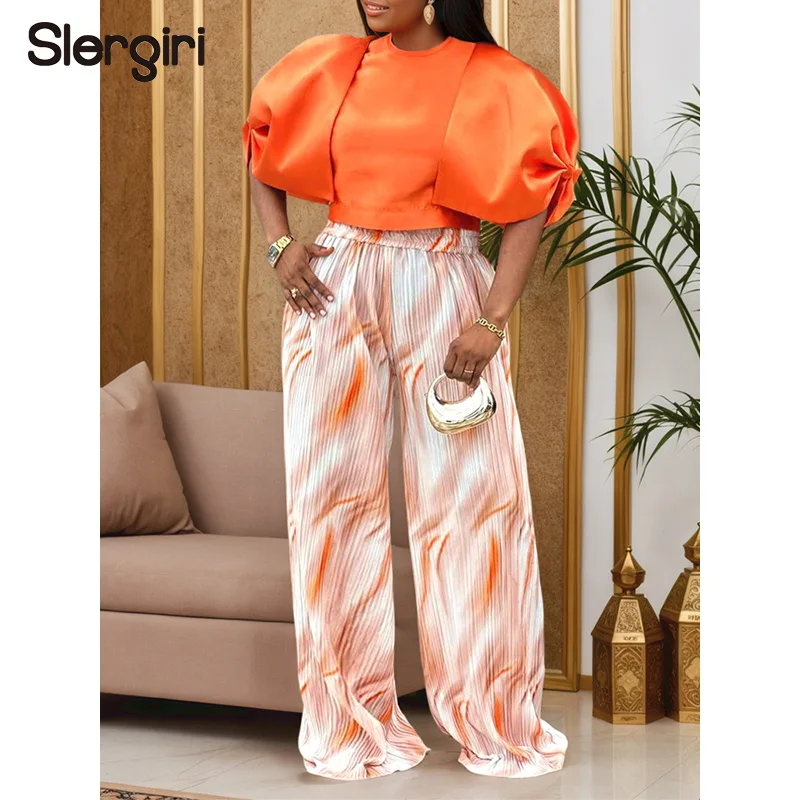 

Slergiri Plus Size 2 Piece Set Women's Zipper Puff Sleeve Short Top + Tie Dye Wide Leg Pants Party Vacation Two Piece Outfits