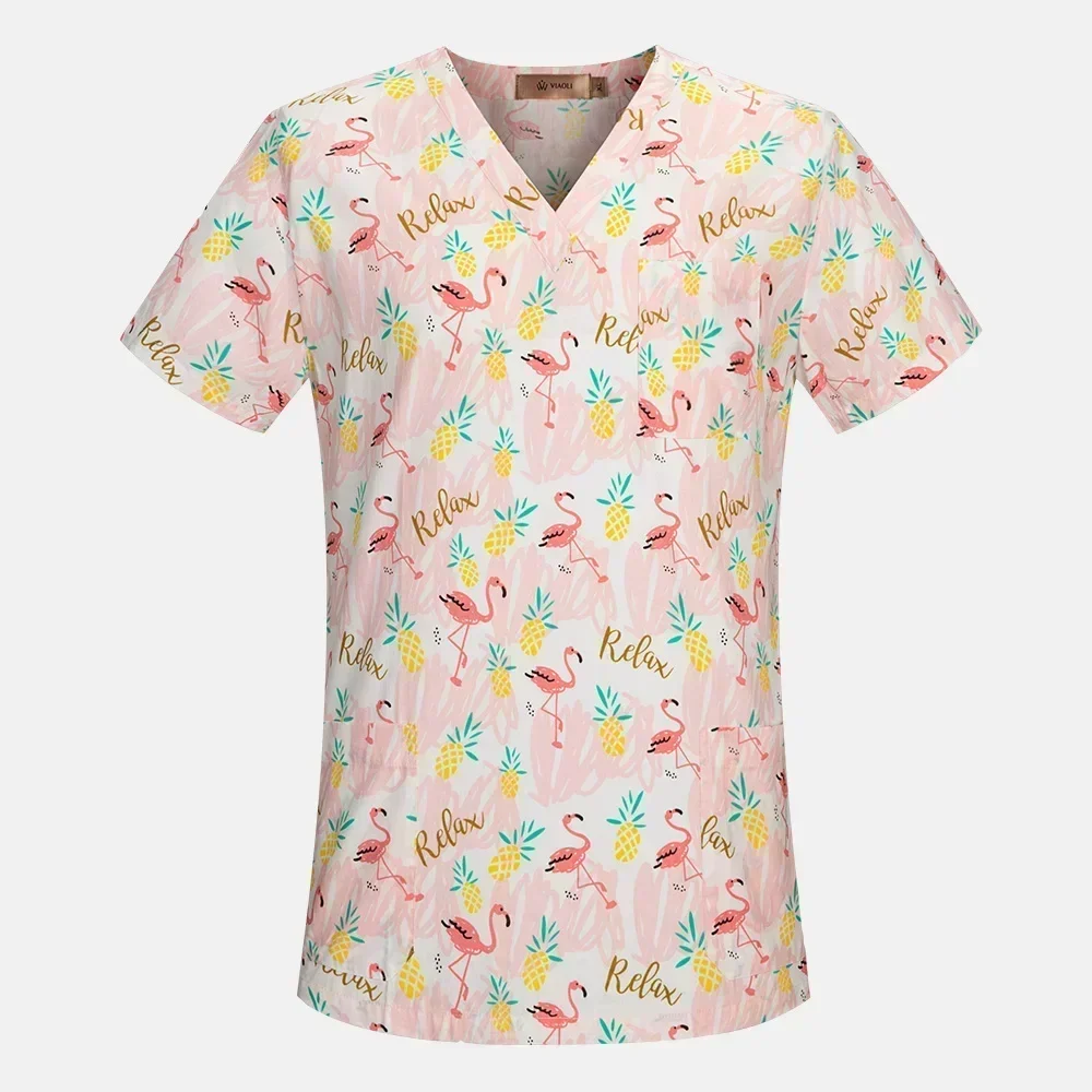 Medical Uniforms Cotton Print Nurse Scrub Tops Dental Hospital Nursing Shirts Cartoon V-neck Blouse Mens Clinical Scrubs Pants