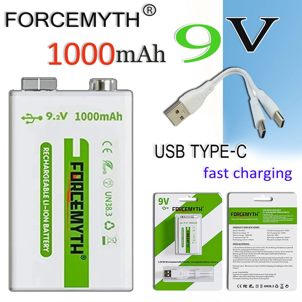 Nuovo 100% originale 9V 1000mAh batteria agli ioni di litio a ricarica rapida USB TYPE-C per microfono, telecomando giocattolo, allarme + cavo dati