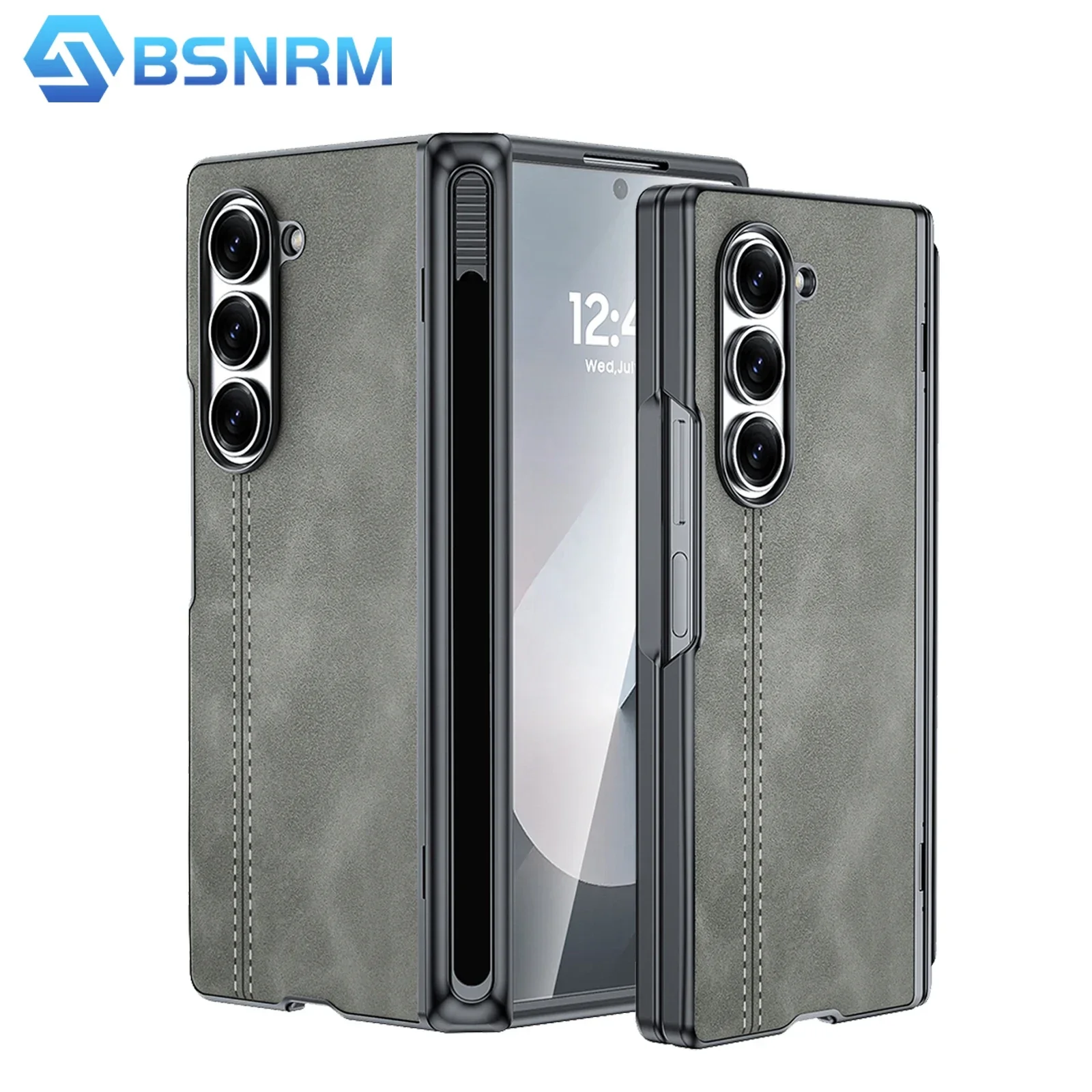 

for Samsung Fold 6 Phone Case with S Pen Holder,Hinge Protection,Screen Protection,PU Leather Matte PC Case-Gray