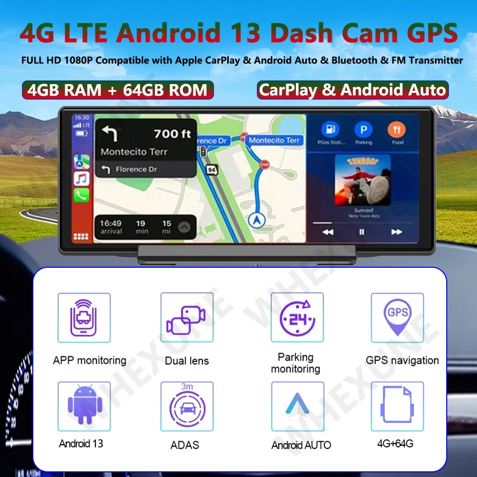 4G+64G 10.26 4G Android 13 IPS Screen GPS Navigation Carplay Android AUTO Dual Lens Dash Cam Rear View Mirror Video Recorder