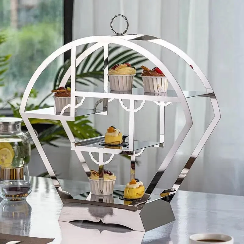 2-3 Layer Stainless Steel Cake Stand with Marble Plate Gold Silver Dessert Display Tray for Afternoon Tea Banquet Food