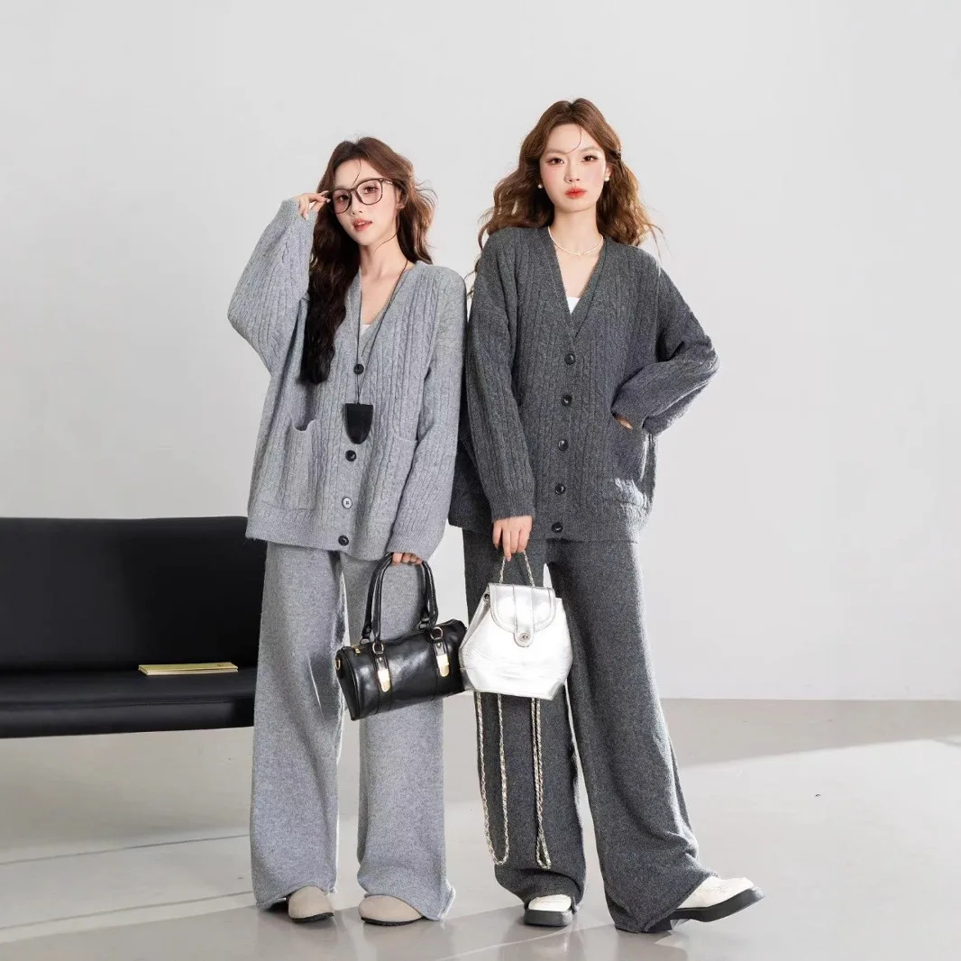 Knitted Sweater For Women, Cross-Border Autumn And Winter Fashion New Cardigan Vest Mid-Length Coat Wide-Leg Pants Three-Piece