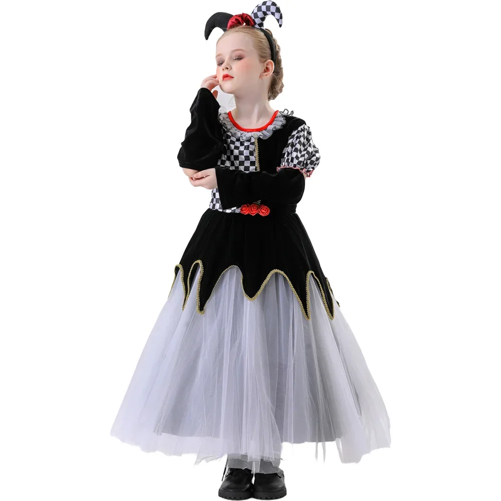 

Halloween Children's Poker Queen Black and White Plaid Dress Clown Princess Dresses Girls Boy Cosplay Dance Party Outfit
