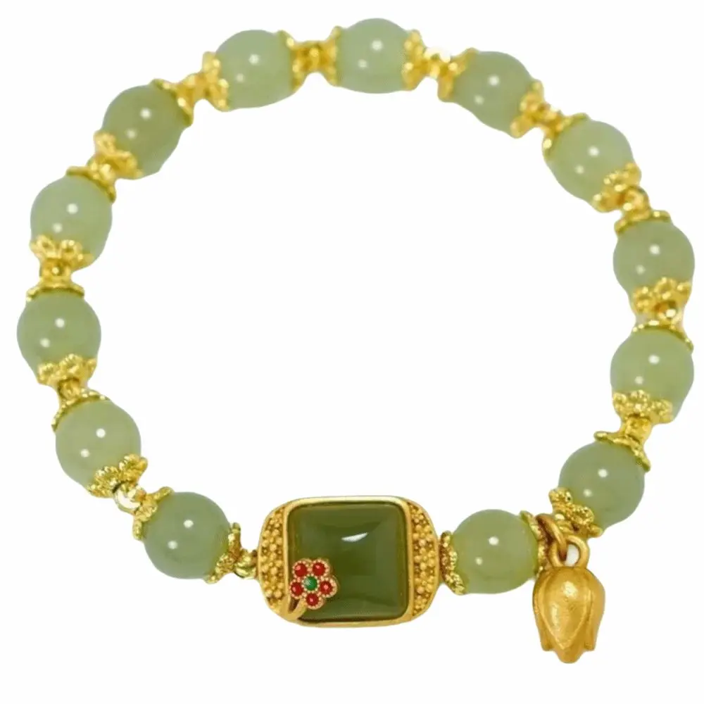 Chinese Style Hetan Jasper Bracelet Apricot Peanut Hotan Bracelet Square Sugar Lotus Elegant Retro Beaded Bracelet Anniversary