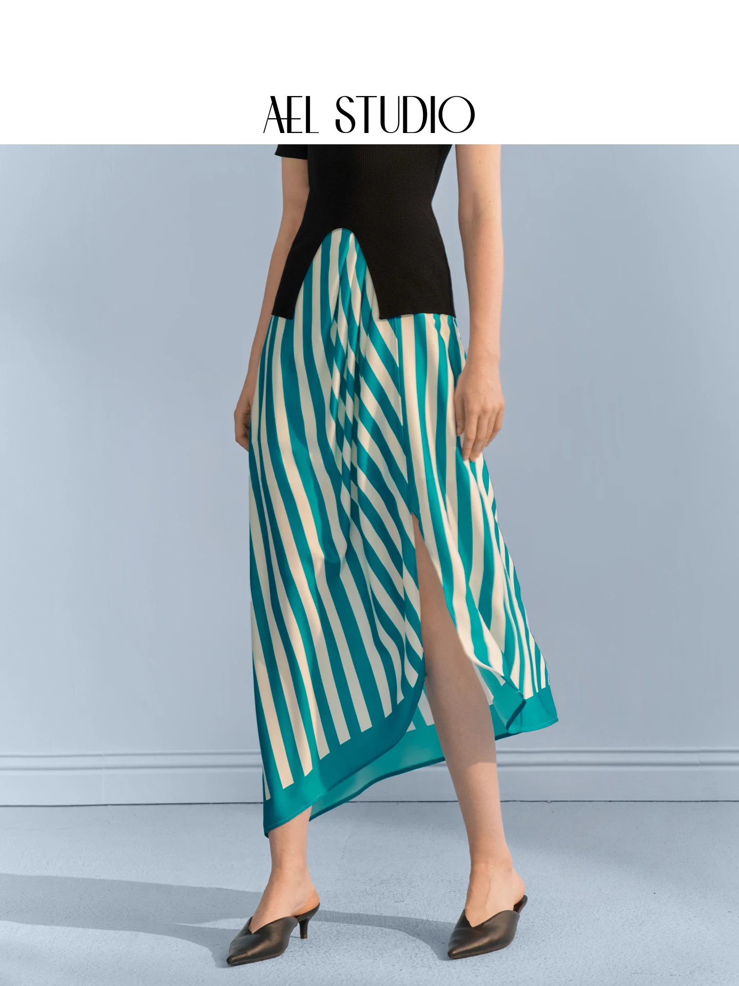 

Оригинальная асимметричная юбка А-силуэта с высокой талией и принтом в полоску от AEL Studio, женская летняя новая сине-белая юбка для похудения