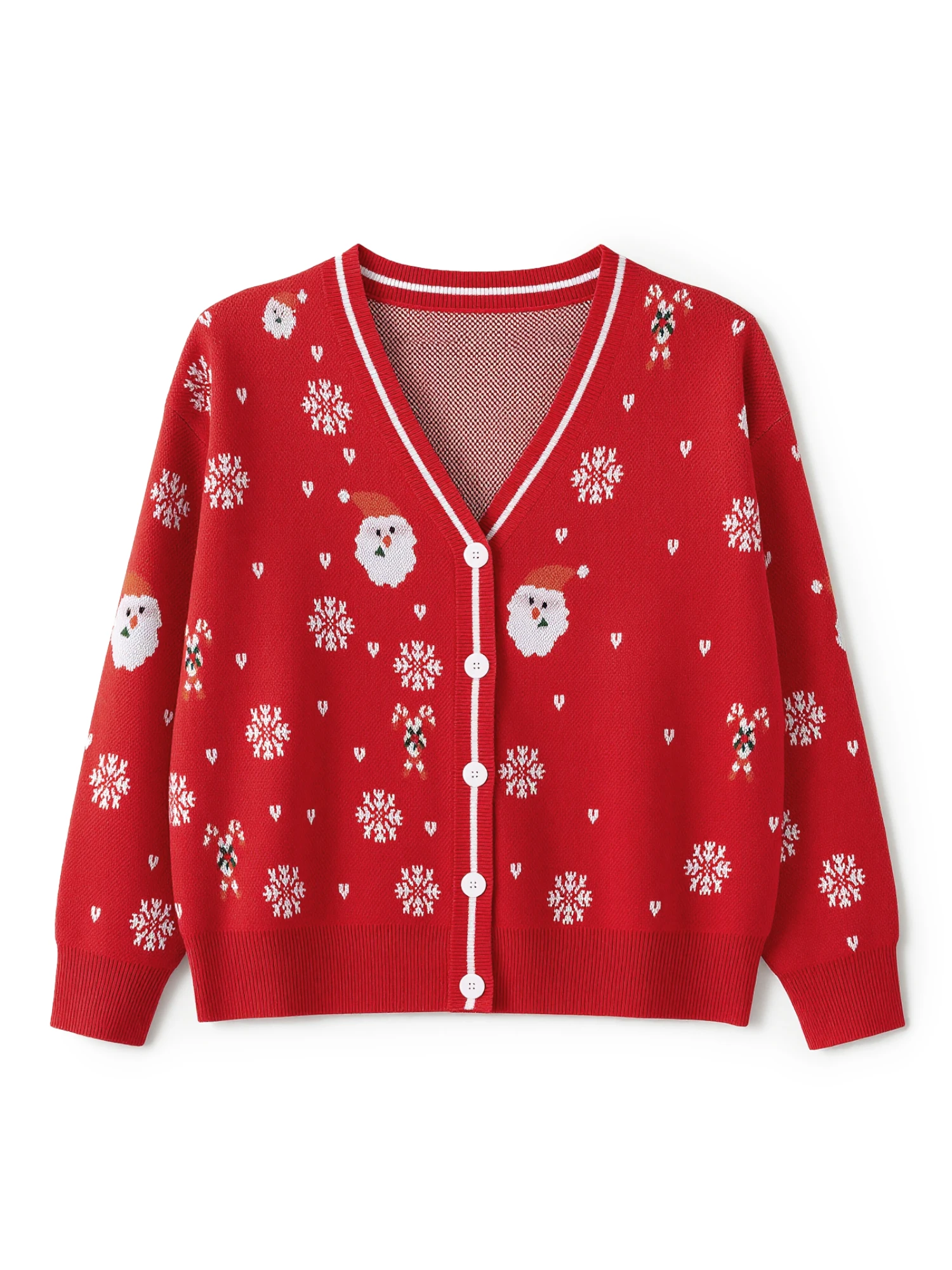 Women’s Knit Cardigan Fashion Santa Claus Snowflake Pattern Loose Fit Long Sleeve V Neck Button Up Sweater for Spring Autumn