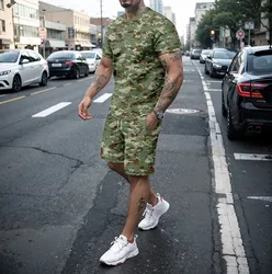 New men's two-piece 3D short sleeved shorts set men's running casual camouflage outdoor travel set men's clothing