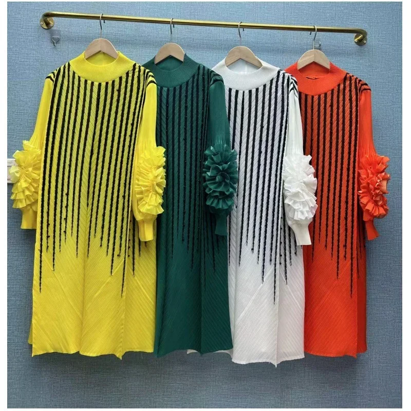 Dress Is Pleated Miyake Petal Sleeve Stripe Print High Strecth Loose Evening Dresses 2024 New Female Summer Clothes