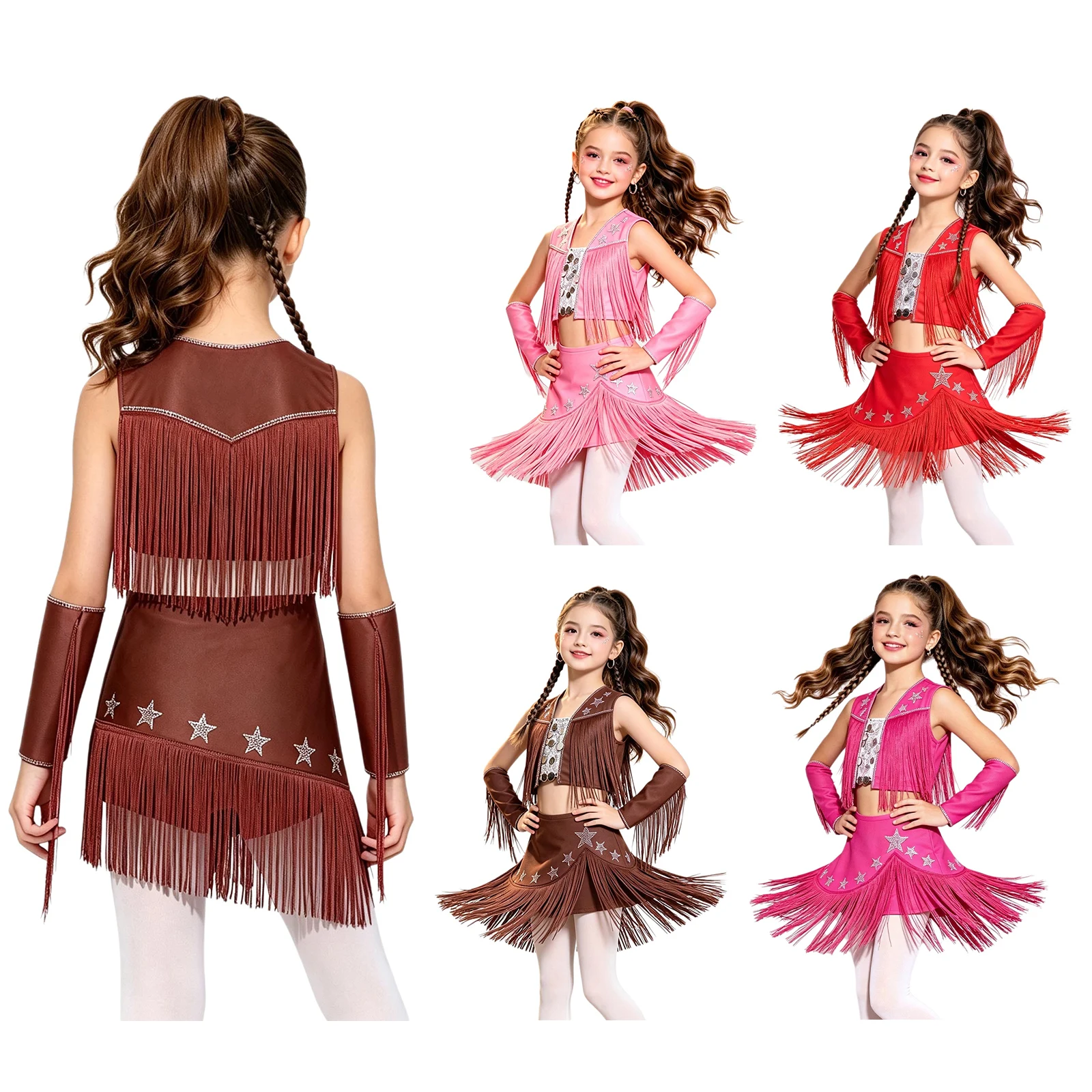 Kids Girls Tassel Cowgirls Cowboy Costume Suit Sleeveless Tops Skirt+Shorts+Oversleeve Jazz Dance Stage Performance Outfits Set