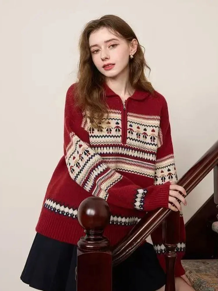 

Christmas Red Print Vintage Sweater Women Loose Fall Winter Lazy Wind Knitted Jumpers American Retro Casual Soft Sweet Pullover
