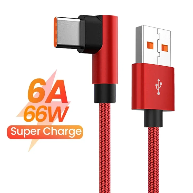 6A 66W Type C USB Fast Charging Cable for Huawei Xiaomi 14 Redmi Honor OPPO Realme POCO 90 Degree Elbow Charger Cable for Gaming