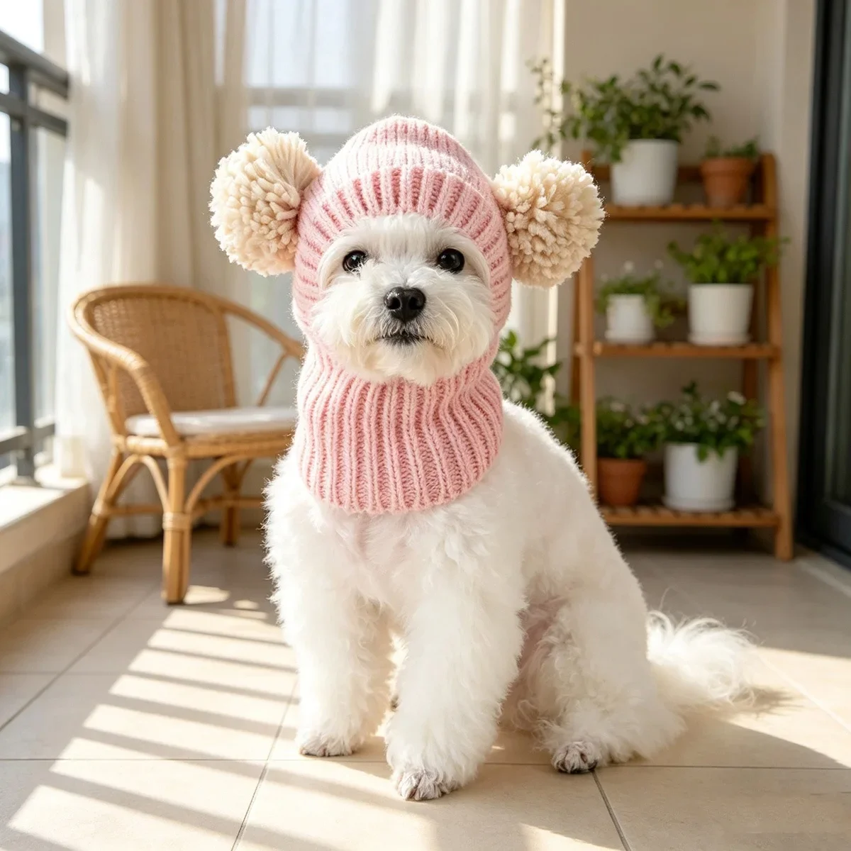 Pet Winter Pink Pom‑pom Knit Hat, Dog Cat Neck Warmer Beanie, Warm Headwear for Small Dogs & Cats