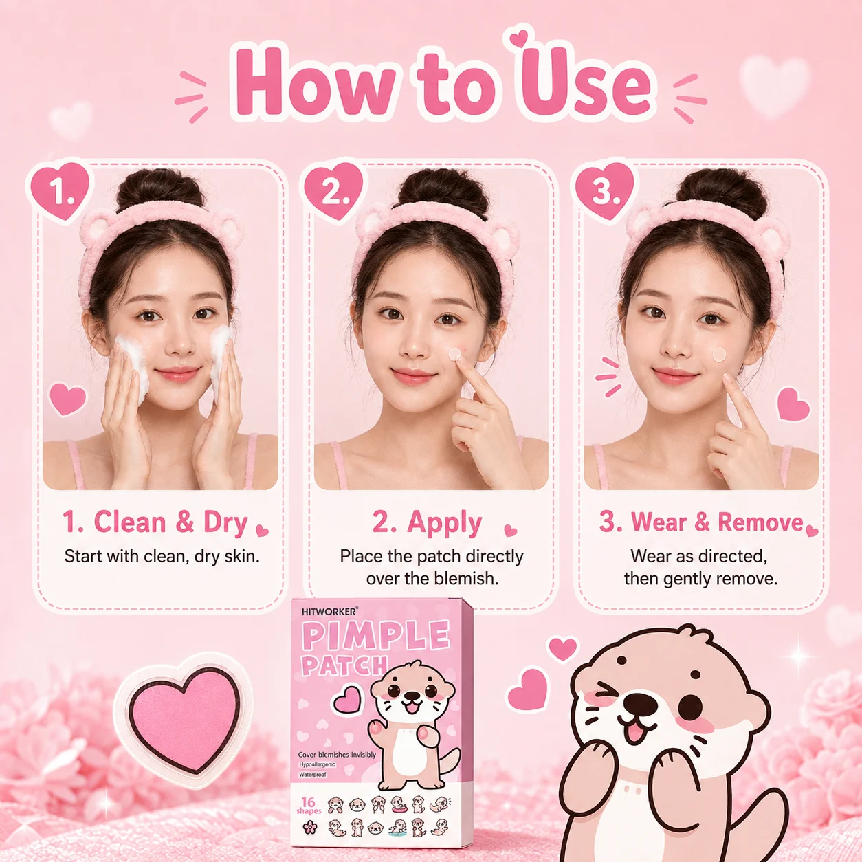 64PCS Cute Otter Pimple Patches for Face, 16 Cartoon Designs Blemish Cover Stickers, Heart Animal Facial Spot Patches