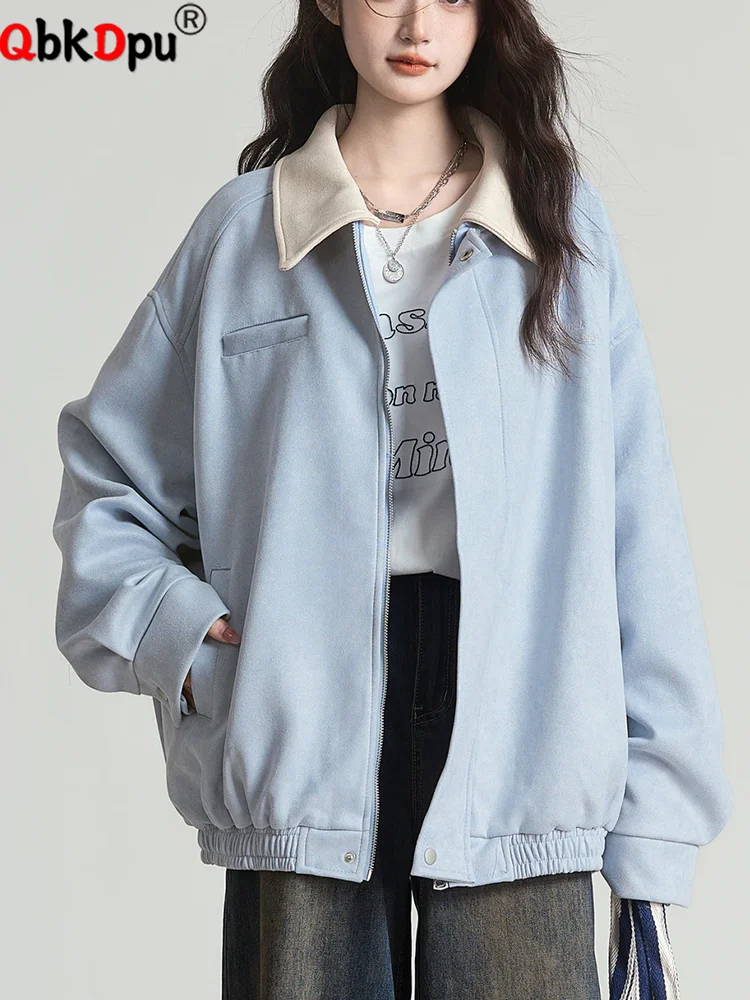 

Spring Fall Loose Outerwears Women Casual Lapel Neck Zipper Jackets Tops Korean Fashion Long Sleeve Chaquetas Cardigan Blusas